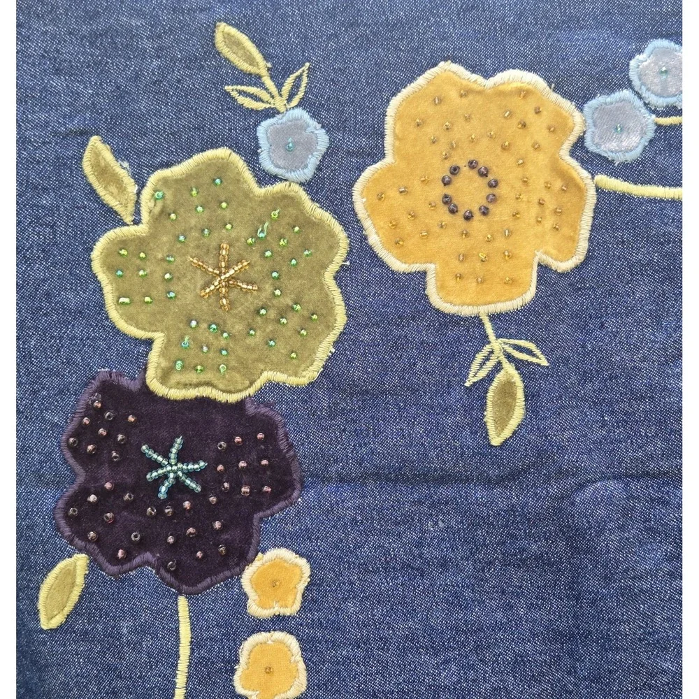 Rare Vintage Spiegel Home Cotton Embroidered Denim Throw/2 Matching Floral Shams